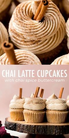 some cupcakes with cinnamon spice on top and the words chai latte cupcakes above them