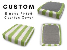 the cushion covers are green and white with stripes on them, while the bottom one is gray