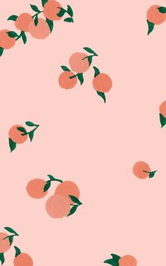 an orange pattern on a pink background with green leaves and peaches in the middle