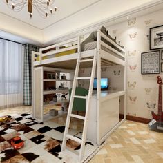 a room with a bunk bed, desk and guitar on the floor in front of a window