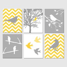 four yellow and gray wall art prints with birds on branches, chevroned background