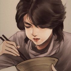 a painting of a woman holding a bowl with chopsticks in her mouth and looking down