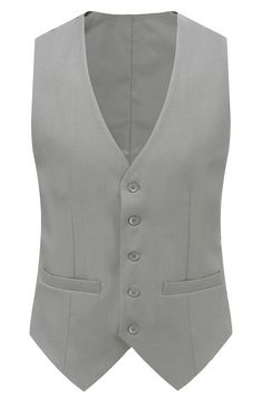 Bring understated elegance to the table in this three-piece suit crafted from rich fabric in a classic single-breasted silhouette. Jacket has notched lapels; chest welt pocket; front flap pockets Vest has front button closure; V-neck Pants have zip fly with button closure; front slant pockets; back button-welt pockets Jacket and vest are lined; trousers are lined to the knee 65% polyester, 35% viscose Dry clean Imported Each suit has a 6” drop, meaning that a size 38R jacket is paired with size Elegant Sleeveless Slim Fit Suit, Elegant Slim Fit Single Breasted Vest, Classic Tailored Sets With Flat Front, Elegant Single Breasted Slim Fit Vest, Elegant Slim Fit Single-breasted Vest, Semi-formal Fitted Sets With Flat Front, Elegant Fitted Single-breasted Vest, Fitted Semi-formal Set With Flat Front, Classic Slim Fit Formal Vest