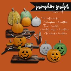 an image of pumpkins with carving tools