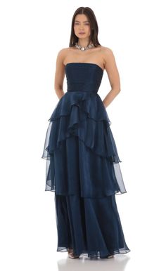 Corset Ruffle Strapless Maxi Dress in Navy | LUCY IN THE SKY Winter Ball Dresses, Navy Prom Dresses, Ruffle Prom Dress, Prom Dress Inspo, Deb Dresses, Senior Prom Dresses, Lucy In The Sky, Dream Dresses, Prom Dress Inspiration