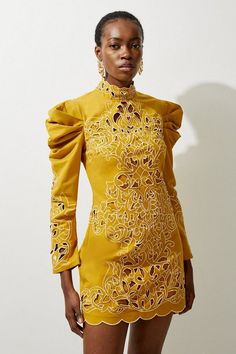 Cutwork Cotton Woven Drama Sleeve Dress | Karen Millen Marie Aesthetic, Capsule Wardrobe Dresses, Hen Do Outfits, Yellow Summer Dress, Workwear Capsule Wardrobe, Transitional Fashion, Winter Wedding Guest Dress, Summer Bridesmaid Dresses, Spring Wedding Guest Dress