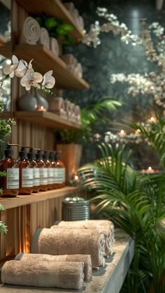 several bottles and towels are lined up on the shelf in front of some potted plants