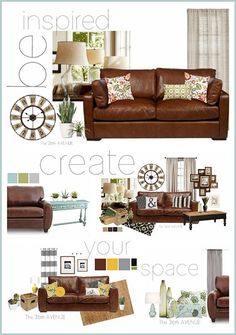 a living room filled with brown furniture and decorating items, including a couch, chair, coffee table, rugs