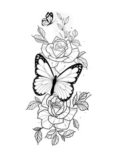 a black and white drawing of a butterfly with roses