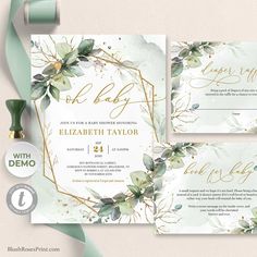 two wedding cards with greenery and gold foil on them, one is for the bride