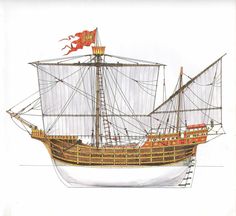 a drawing of a boat with two masts and a flag on the top one