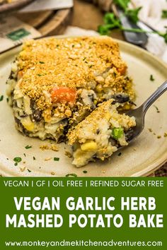 vegan garlic herb mashed potato bake on a plate