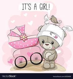 a teddy bear with a baby carriage on a pink background