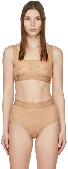 Stretch nylon mesh bra in beige featuring logo flocked throughout. · Scoop neck collar · Jacquard woven elasticized hem Supplier color: Ochre Mesh Bra, Bras And Panties, After Hours, Jacquard Weave, Neck Collar, Apparel Accessories, Top Brands, Scoop Neck, Mac