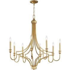 a gold chandelier with six lights hanging from the bottom and one light on top