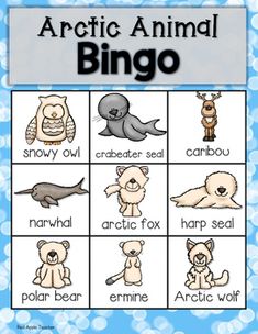 an arctic animal bingo game with pictures of animals and their names in blue bubbles background