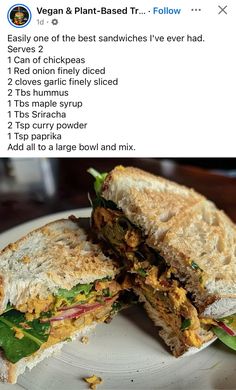 Vegan chickpea sandwich spread with maple syrup, hummus, and sriracha Salad With Hummus, Chickpea Sandwich, Hummus Sandwich, Vegan Chickpea, Chickpea Salad Recipes, Sandwich Fillings, Sandwich Spread, Vegan Hummus, Vegan Lunches