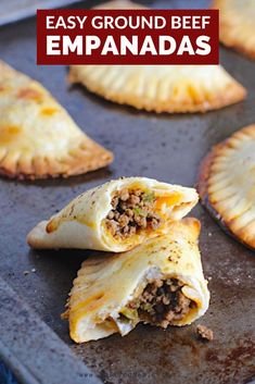 easy ground beef empanadas on a baking sheet with text overlay that reads easy ground beef empanadas