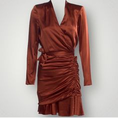 Gorgeous Cognac Colored Faux Wrap Style Mini Dress New With Tags Retail Price Of 698$ Fabric Composition: 92% Silk, 8% Spandex Interior - 100% Polyester Measurements: Bust: 30" Waist: 23.5" Hip: 29" Length: 35.5' Size: 2 Note : I Never Wear This Item, I Don’t Know How It Fit And I Don’t Know It Run Big Or Small . I Purchase This Item By Accident In Porchmark And I Can’t Return It , Only Way I Just Post Re Sell It . Fall Satin Mini Dress Knee-length, Fall Knee-length Satin Mini Dress, Fall Satin Workwear Dress, Fall Workwear Satin Dress, Brown Satin Mini Dress For Evening, Orange Satin Dress For Night Out, Formal Orange Satin Dress, Orange Mini Length Dress For Formal Occasions, Orange Mini Length Formal Dress