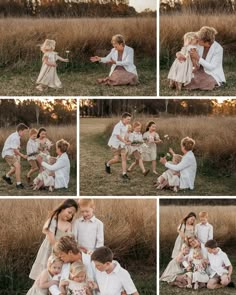 a collage of photos of a family playing in the grass