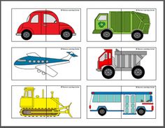 four different types of trucks are shown in this puzzle board game, which shows how to draw the truck and other vehicles