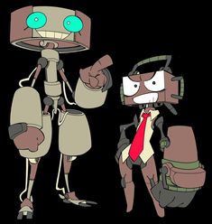 two cartoon characters one with a backpack and the other wearing a tie, standing next to each other