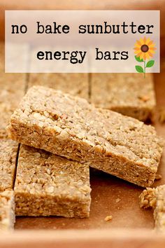 no bake sunbutter energy bars stacked on top of each other with the words, no bake sunbutter energy bars