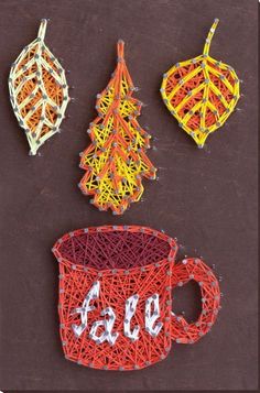 string art christmas ornaments with coffee cup and tree on brown background, made out of yarn