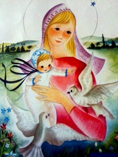 a painting of a woman holding a baby in her arms and two birds around her