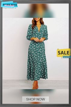 Vintage Floral Lantern Button High Waist Dress Green V-neck Maxi Dress With Button Closure, Spring Long Sleeve Maxi Dress With Buttons, Long Sleeve Maxi Dress With Buttons For Spring, Spring Long Sleeve Maxi Dress With Button Closure, Green Maxi Dress With Button Closure, Fall V-neck Maxi Dress With Button Closure, Green Button-up Maxi Dress For Fall, Elegant Green Maxi Dress With Button Closure, Fall Maxi Dress With Buttons And V-neck