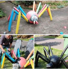 three pictures of an inflatable spider, one with its mouth open and the other with it's eyes closed