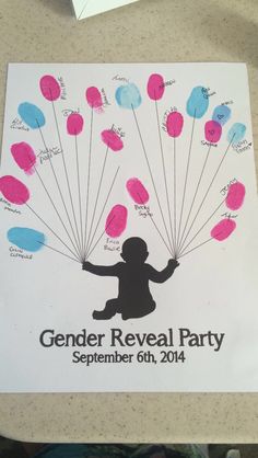 a child holding balloons with the words gender reveal party written on it