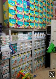 the shelves are full of diapers and baby products