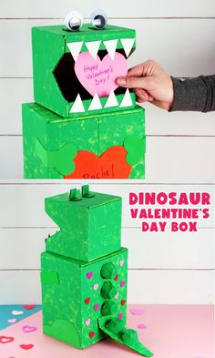 someone is making a dinosaur valentine's day box out of construction paper