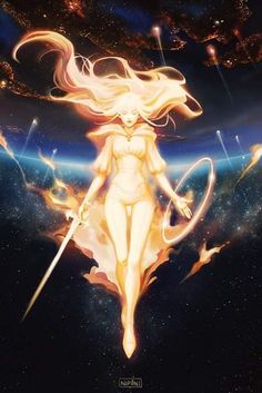 an anime character with long hair holding two swords in front of a space filled with stars