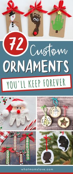 twelve homemade christmas ornaments with text overlay that says 12 custom ornaments you'll keep forever