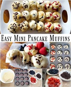 easy mini pancake muffins with chocolate chips and strawberries in the middle