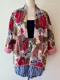 Perfect for adding a burst of color and flair to your wardrobe. This japanese style open jacket is made with embroidery patchwork kantha quilt fabric which is fresh and new. The hand stitching is the specialty of the piece you will see. The jacket is not reversible, but we love to showcase the pinstripes inside by adding a roll or two on the sleeves.  You really get a feel for the playful mix of hues and patterns which bring a lively, artistic touch to any outfit, while the lightweight fabric ensures comfort and versatility. Pair with your favorite palazzo pants, or over a long silk tank dress.   Color: White  Price: $ 100  Size : One size US women's letter Measurements Approx : *Length: 28" Inches *Bust Around Size: 48" Inches *Shoulder: 8" Inches *Sleeve Length: 18" Inches *Sleeve hole: Casual Patchwork Kimono For Fall, Spring Multicolor Floral Patchwork Outerwear, Casual Multicolor Patchwork Kimono, Spring Outerwear With Patchwork And Kimono Sleeves, Pink Patchwork Cardigan For Spring, Spring Cotton Cardigan With Patchwork, Spring Cotton Patchwork Cardigan, Fall Patchwork Kimono With Kimono Sleeves, Fall Patchwork Kimono