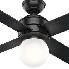 a black ceiling fan with a white light on the top and two blades attached to it