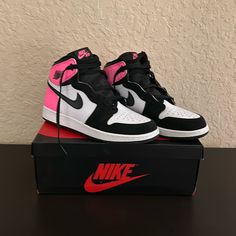 Released For Valentine's Day 2017, The Air Jordan 1 Retro High Gg 'Valentine's Day' Is A Girls'-Exclusive Look That Features The Same Color Blocking As The 'Black Toe.' However, The Usual Red On The Collar And Heel Have Been Replaced By Vibrant Hyper Pink, And The Heel Branding Features A Basketball Shaped Like A Heart. The Shoe Was Part Of The For The Love Of The Game Series. Colorway: Black/Black-Hyper Pink-White Release Date: 2/11/17 Size 7 Youth/Women’s 8 Dr Wardrobe, A Basketball, Air Jordan 1 Retro High, Kids Jordans, Air Jordan 1 Retro, Jordan 1 Retro High, Jordan 1 Retro, Air Jordan 1, Jordan Shoes