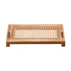 a wooden tray with wicker design on it