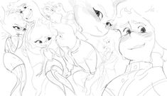 a line drawing of many cats and dogs with one cat looking up at the camera