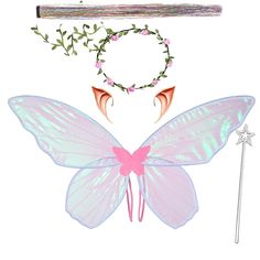 a fairy costume with wings, wands and flowers