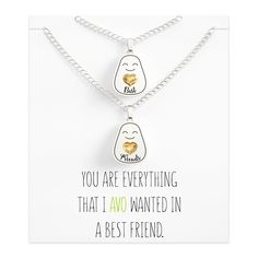 "Matching avocado best friend necklaces plated in silver and gold. Funny friendship pendants for any two people that love to have a great time, are inseparable and complement each other. Give this gift to your bff and have a matching charm that promises a meaningful relationship forever. QUALITY GUARANTEE. Strong necklace: if it breaks within three years, we offer free replacement. Nickel free and hypoallergenic. Adjustable Necklace Chain Length 15 to18 inches - Pendant dimensions: .79 inches X Best Friends Necklaces, Communion Gifts Girl, Bff Necklace, Forever Necklace, Funny Friendship, Necklaces Women, Teen Jewelry, Friendship Humor, Bff Necklaces