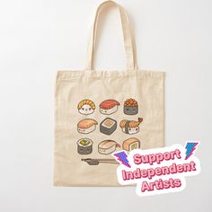 100% cotton reusable shopping carry bag with digital print on one side. Happy sushi set anime Japanese food lover gift White Kawaii Canvas Bag As Gift, Kawaii Rectangular Canvas Bag Gift, Kawaii Canvas Tote Bag Gift, Kawaii Canvas Tote Bag Perfect As A Gift, Anime Tote Bag, Set Anime, Sushi Set, Anime Japanese, Gift Totes