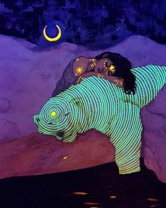 a painting of a woman laying on top of a large animal in front of a night sky