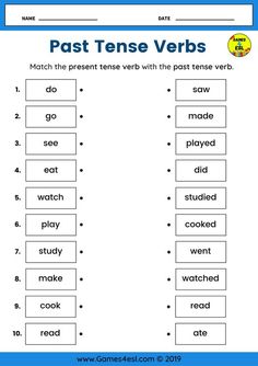 the past tense worksheet with words and pictures to help students learn how to use them