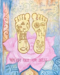 a drawing of two feet on top of a pink flower with words written in different languages