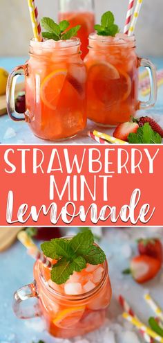 strawberry mint lemonade in mason jars with strawberries on the rim and text overlay that reads, strawberry mint lemonade