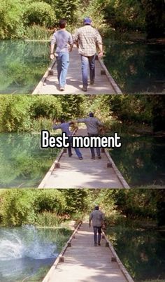 two men walking down a bridge with the caption best moment